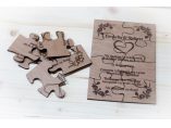INVITATIE DE NUNTA “PUZZLE”Invitatie realizata prin gravare laser,.Material: lemn de obechi / mahon / teiDimensiuni: 10 x 15 x 0,3 cmSe poate livra in saculet panza (diverse culori; 6,5 x 9 cm) - HANDICRAFT ATELIER #6